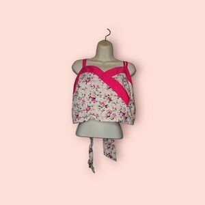 Unique Vintage Pink Floral Tie Wrap Crop Top Sweetheart Retro Pinup Rockabilly